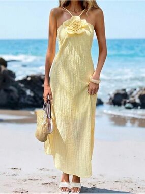 SHEIN Pale Yellow Floral Applique Maxi Dress